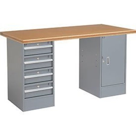 GLOBAL EQUIPMENT 72x30 Pedestal Workbench - 4 Drawers   1 Cabinet, Shop Top Safety Edge Gray 300748